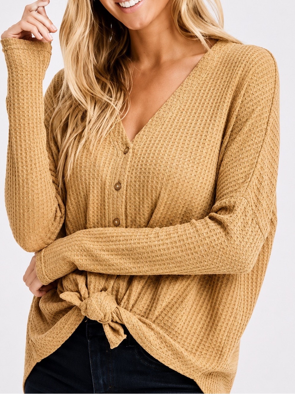 American Eagle Camel Waffle Knit Tie Front Sweater | Cozy Fall Boho Cardigan